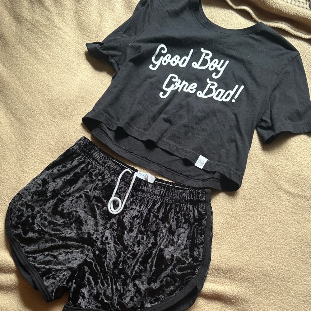 NWOT Black 'Good Boy Gone Bad!' Cropped Tee & Velvet Shorts Set